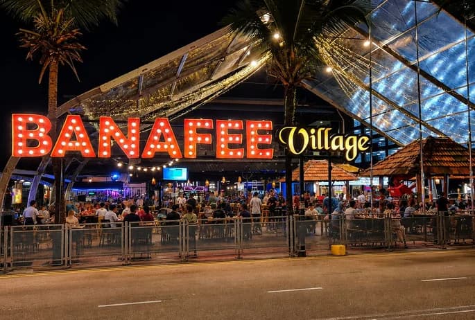 Banafee Village illuminated at night